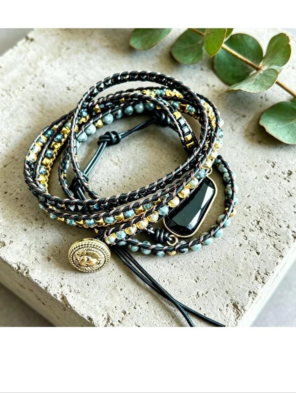 Handmade Black Stone Multi-Strand Wrap Bracelet - Women Jewelry